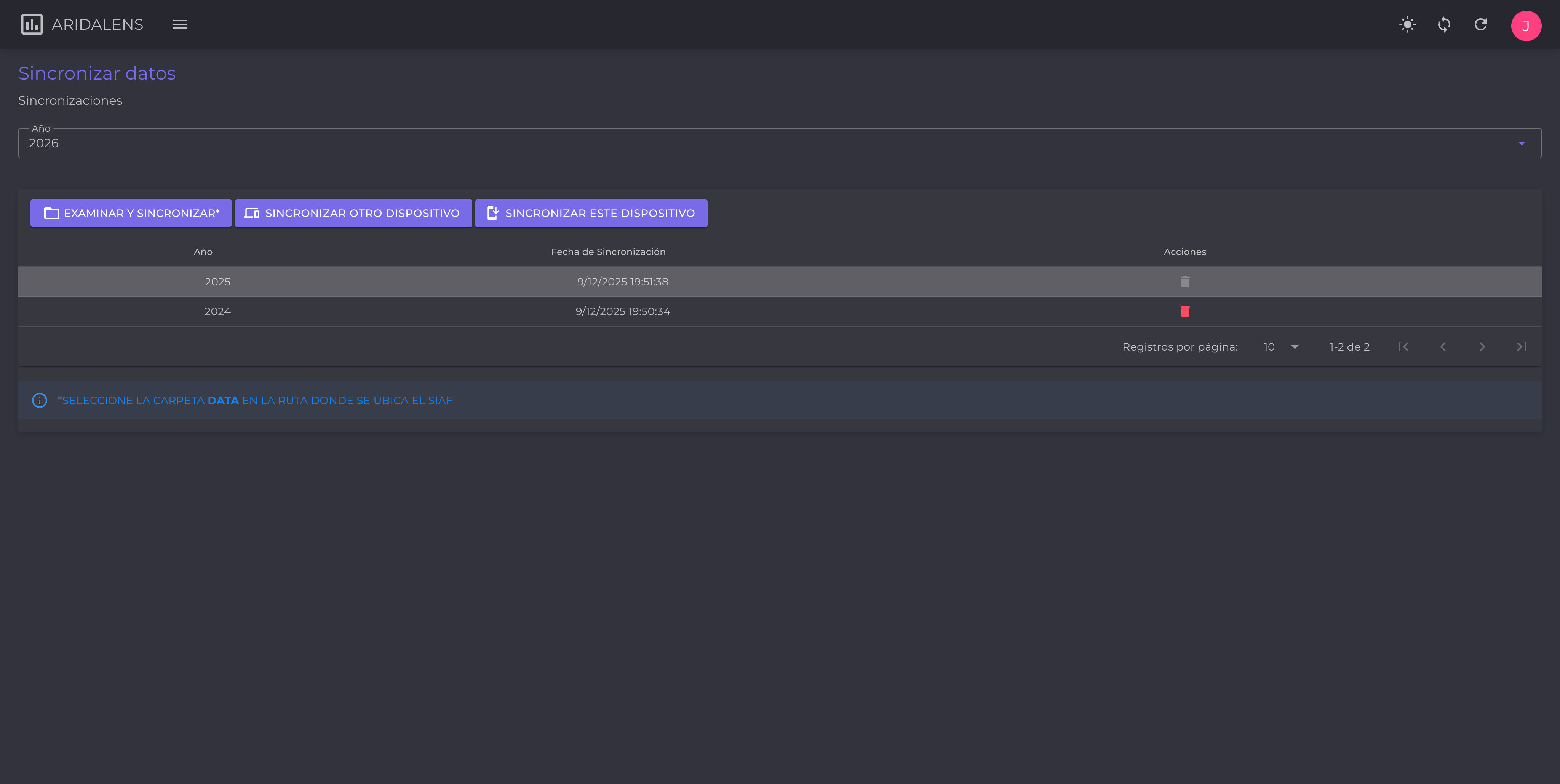 Pantalla de Sincronización de Datos